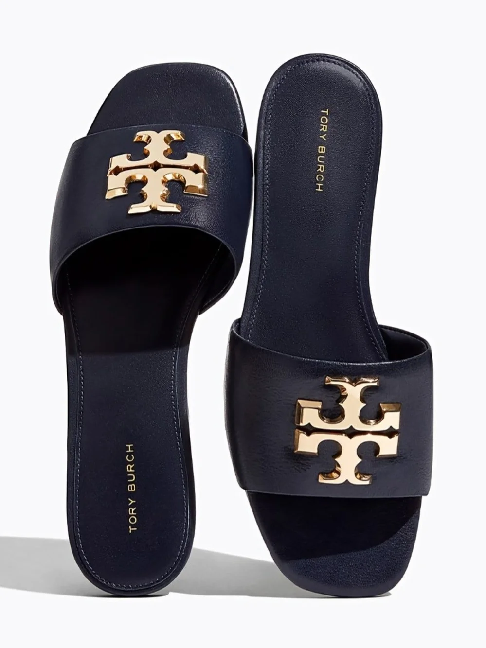 Tory Burch Navy Leather Slide Sandals with Gold Emblem